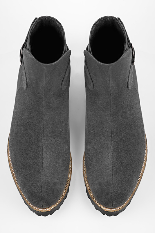 Dark grey dress ankle boots for men. Round toe. Flat rubber soles. Top view - Florence KOOIJMAN